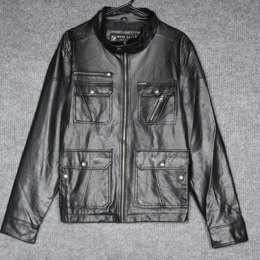 Y2K Marc‎ Ecko Cut & Sew Mens Faux Leather Jacket Black Full Zip Size Large